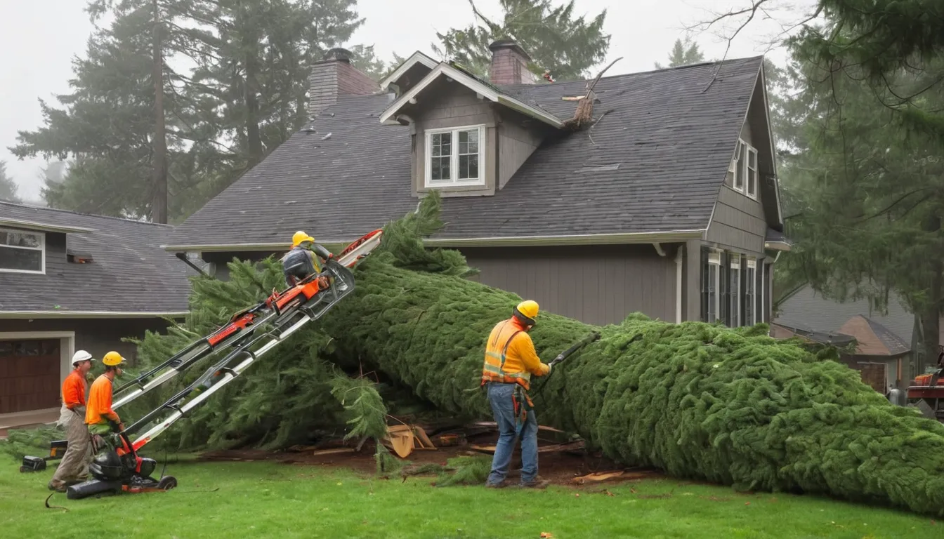 A tree service provider cutting a fallen tree off a house roof in the Olympia area
