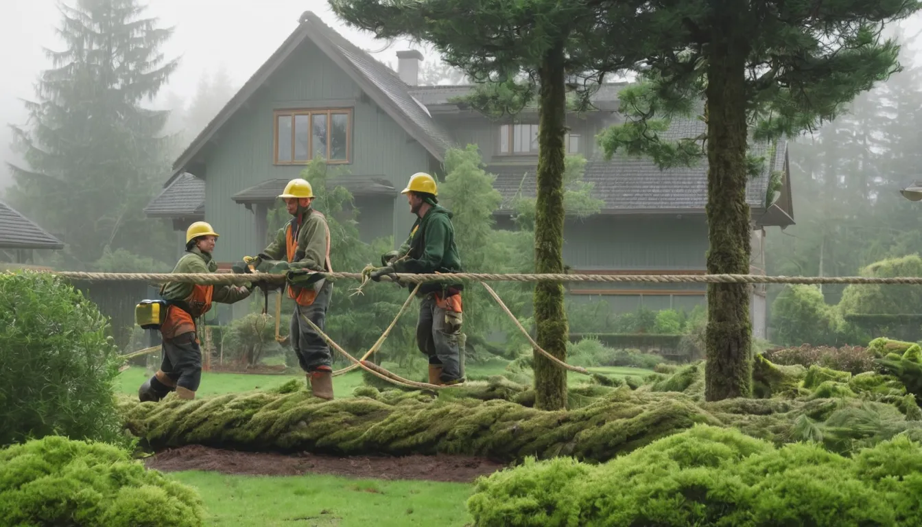 A tree removal crew working safely on a large tree beside a wood-frame home near Olympia